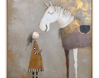 Textured Oil Painting Girl Horse, Whimsical Naive Style Canvas Art (Framed)