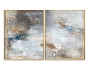 Hand-Painted Abstract Coastal Diptych, Textured Blue Gold Canvas Wall Art