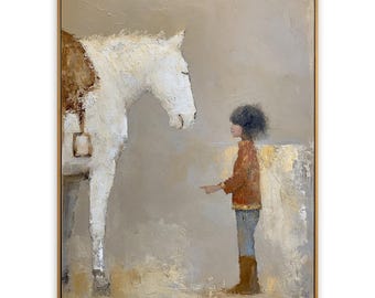 Textured Oil Painting, Boy and White Horse Naive Style Art, Rustic Nursery Decor