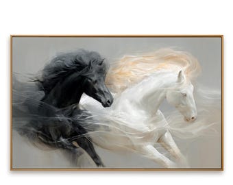 Galloping Horses Oil Painting, Dynamic Monochrome Equine Canvas Art, Framed Animal Decor
