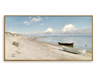 Hand Painted Seascape Canvas | Coastal Beach Art with Boats, Living Room Decor