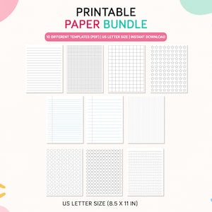 Op de afbeelding: Een printbaar papierpakket met 10 verschillende sjablonen in US letter-formaat, 21,59 x 27,94 cm. De collectie bevat gelinieerde, geruite, gestippelde vellen en vellen met sterren, cirkels en lijnen voor handschriftoefeningen op een witte achtergrond.