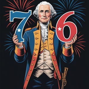 Op de afbeelding: Illustratie van George Washington met de cijfers "76" met vuurwerk op de achtergrond. Washington draagt een blauwe jas met gouden knopen en een wit gerimpeld overhemd. Het cijfer 7 is blauw met een witte ster en het cijfer 6 is rood met een witte ster.