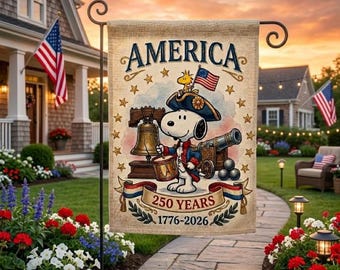 Snoopy 250 Years of America Garden Flag, Patriotic 1776-2026 USA Independence Day Outdoor Yard Decor