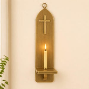 Brass Cross Candle Holder – Wall Mounted Gothic Sconce, Religious Decor