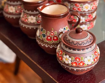 Set di ceramiche ucraine fatte a mano / Regalo in ceramica popolare / Brocche e ciotole in argilla / Stoviglie dipinte a mano