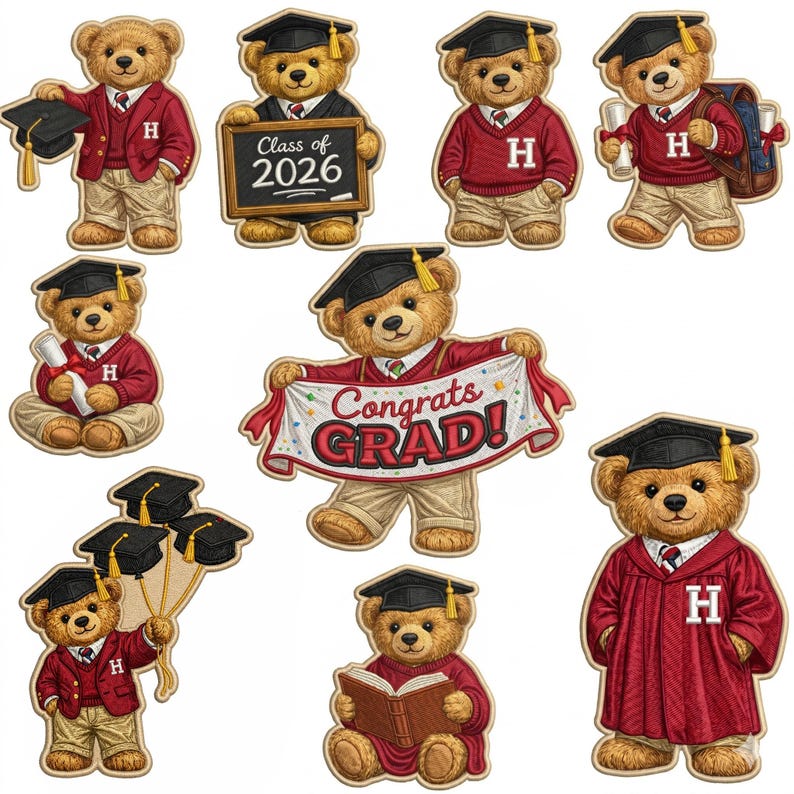 Custom Graduation Teddy Bear Embroidered Patches Set, Cute Grad Bear ...
