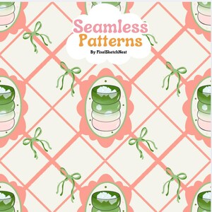 Op de afbeelding: Naadloos patroonontwerp met groene strikken, ovale frames met gestapelde groene en roze vormen en een diamantrasterachtergrond. De tekst "Seamless Patterns" wordt weergegeven in een wolk. Het ontwerp is in roze en groene tinten.
