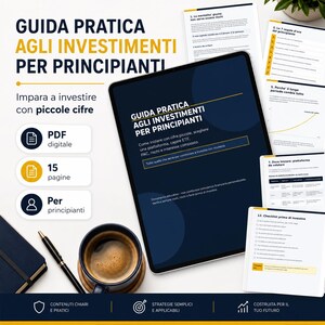 May include: A digital guide titled "Practical Guide to Investments for Beginners" is displayed on a tablet, with additional pages and a coffee cup. The guide's text includes "Learn to invest with small amounts" and "PDF digital".