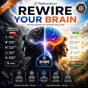 Peut inclure: Publicité pour un programme de reprogrammation cérébrale de 30 jours. L'image montre un graphique de cerveau divisé avec du texte mettant en évidence les états avant et après, tels que "Du chaos et de la distraction" à "À la clarté et à la discipline."