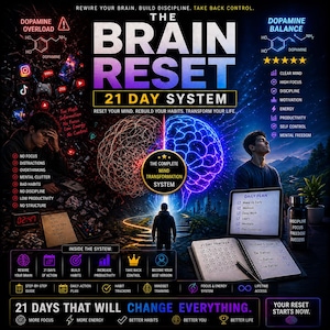 May include: A promotional graphic with the text "The Brain Reset 21 Day System." The image features a stylized brain, a person looking at a notebook, and various icons and text related to mental health and self-improvement.