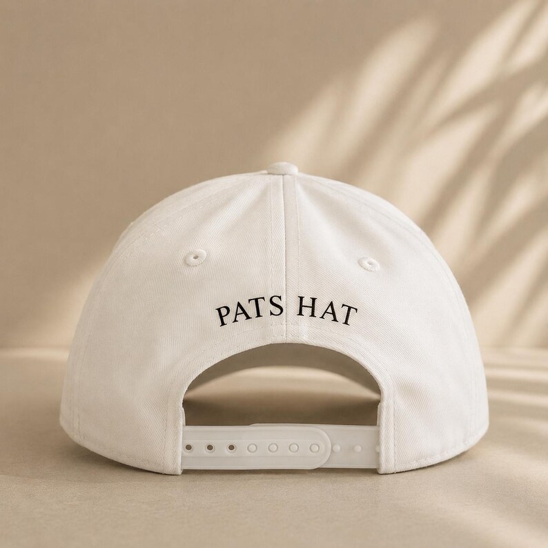 Pode incluir: Bon&eacute; de beisebol branco com o texto "PATS HAT" em preto. O bon&eacute; tem uma aba curva e uma al&ccedil;a ajust&aacute;vel na parte de tr&aacute;s. Feito de um material macio e dur&aacute;vel.