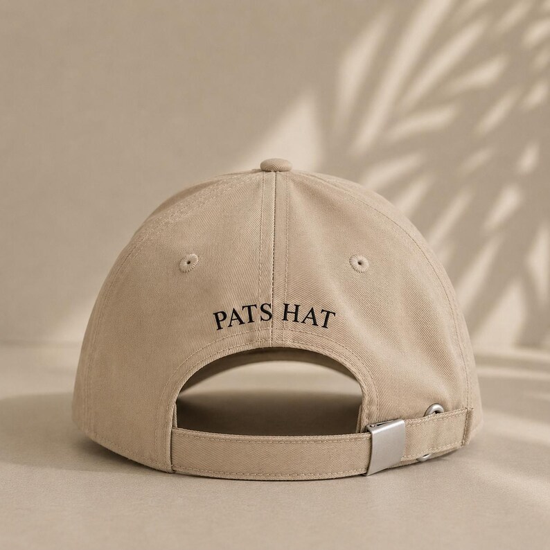 Pode incluir: Bon&eacute; de beisebol bege com o texto "PATS HAT" em preto. O bon&eacute; tem uma aba curva, um fecho de metal e um pequeno bot&atilde;o na parte superior. Feito de um material macio e dur&aacute;vel.