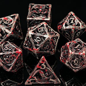 Hollow Metal Dragon Dice Set,Antique Silver Blood Splatter DND Dice,Gothic Polyhedral RPG Dice for Tabletop Game Gift