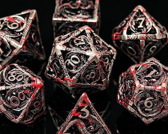 Hollow Metal Dragon Dice Set,Antique Silver Blood Splatter DND Dice,Gothic Polyhedral RPG Dice for Tabletop Game Gift