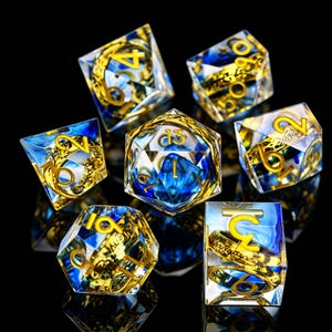 Blue Clear Sharp Edge Resin Dice Set with Embedded Gold Ring, Gold Ink Polyhedral DND Dice, Fantasy RPG Tabletop Game Dice Gift