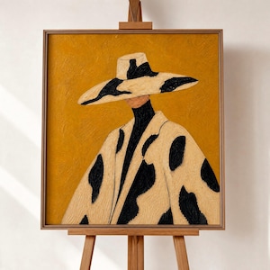Puede incluir: Pintura abstracta de una persona con un cuello alto negro, un abrigo beige con manchas negras y un sombrero de ala ancha con un patrón negro y beige. El fondo es de color amarillo mostaza liso y la obra está enmarcada en un marco de madera.