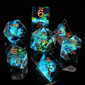 Blue Teal Opal Foil Sharp Edge Resin Dice Set, Copper Ink Polyhedral DND Dice, Shimmer RPG Tabletop Game Dice Gift