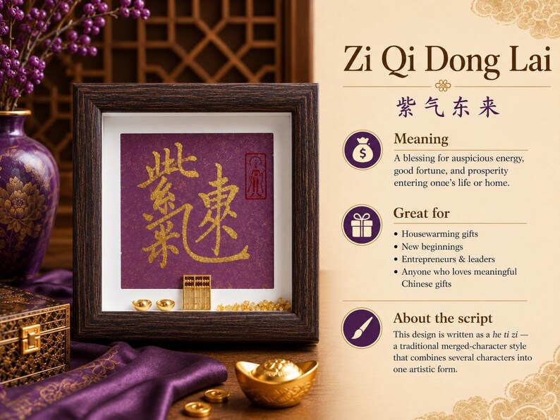 An information card for the preset phrase Zi Qi Dong Lai (紫气东来), showing the framed calligraphy in gold ink on a deep purple background alongside its meaning, best occasions, and a note on the merged-character script style.