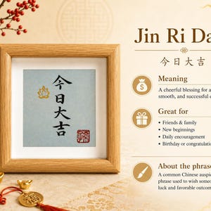 An information card for the preset phrase Jin Ri Da Ji (今日大吉), showing the framed calligraphy on a soft blue-gray background alongside its meaning, best occasions, and a short note about the phrase.