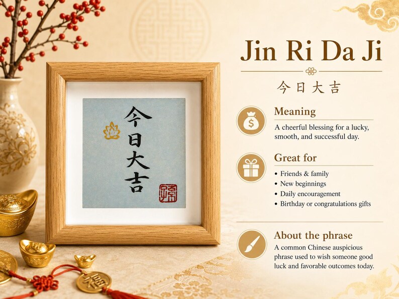 An information card for the preset phrase Jin Ri Da Ji (今日大吉), showing the framed calligraphy on a soft blue-gray background alongside its meaning, best occasions, and a short note about the phrase.