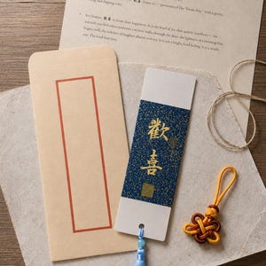 7 by 21 cm Chinese calligraphy bookmark set with message letter, envelope, tassel, and knot.