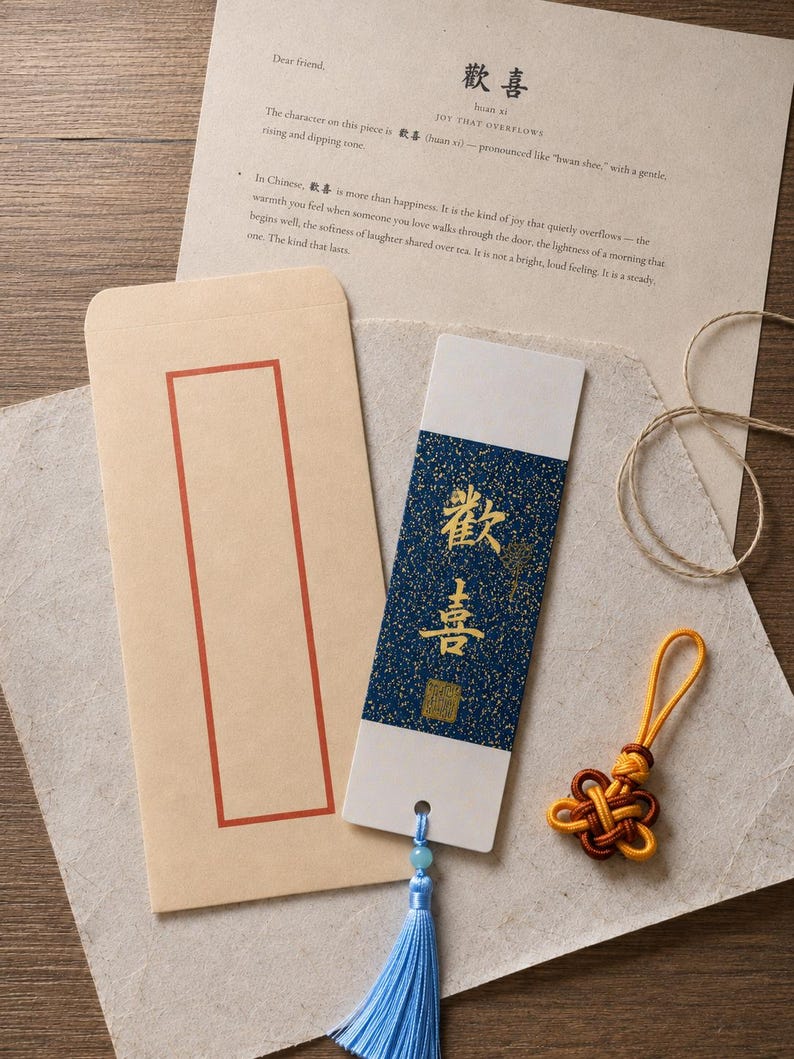 7 by 21 cm Chinese calligraphy bookmark set with message letter, envelope, tassel, and knot.