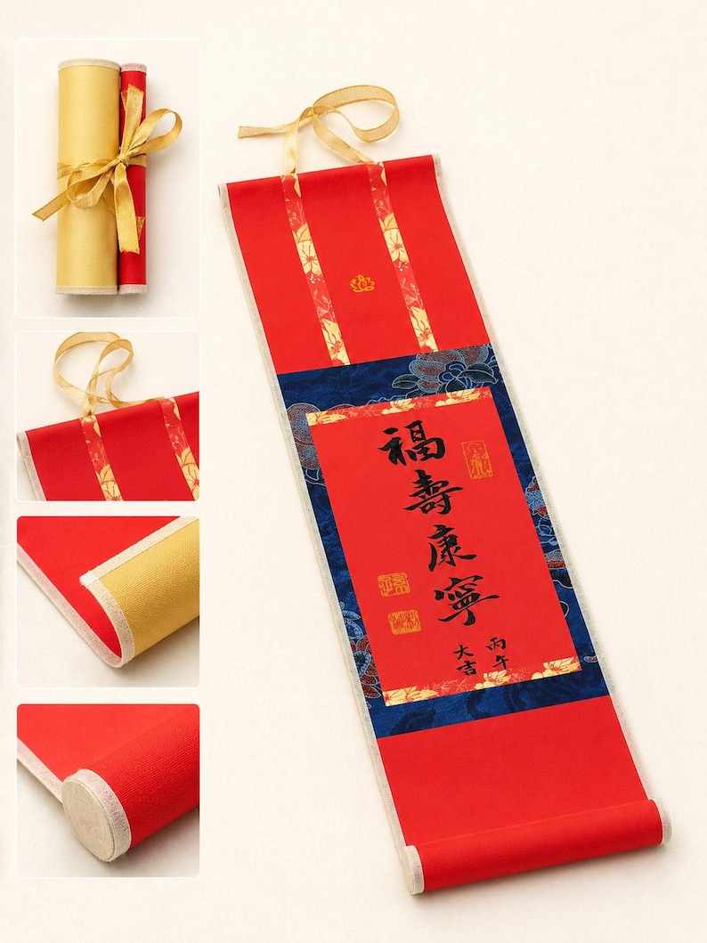 Personalized mini Chinese calligraphy scroll shown open and rolled with red paper, brocade trim, ribbon, and wooden ends
