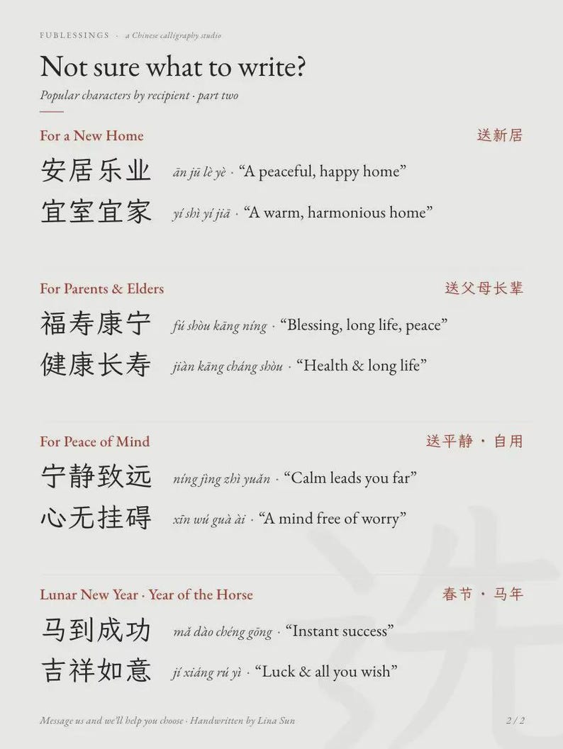 K&ouml;nnte beinhalten: Ein wei&szlig;es Informationsdokument mit dem Titel Not sure what to write? das schwarze chinesische Kalligrafiezeichen, Pinyin und englische &Uuml;bersetzungen enth&auml;lt, unterteilt nach Empf&auml;ngern wie neues Zuhause, Eltern, innerer Frieden und Neujahr.
