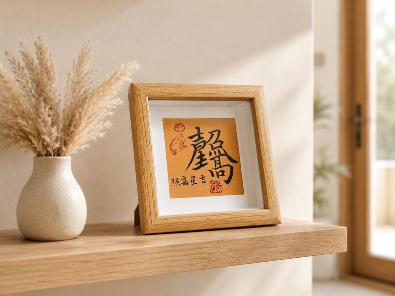 The tabletop calligraphy frame displayed on a floating wood shelf near an entryway, next to a ceramic vase with dried pampas grass, in soft natural daylight.