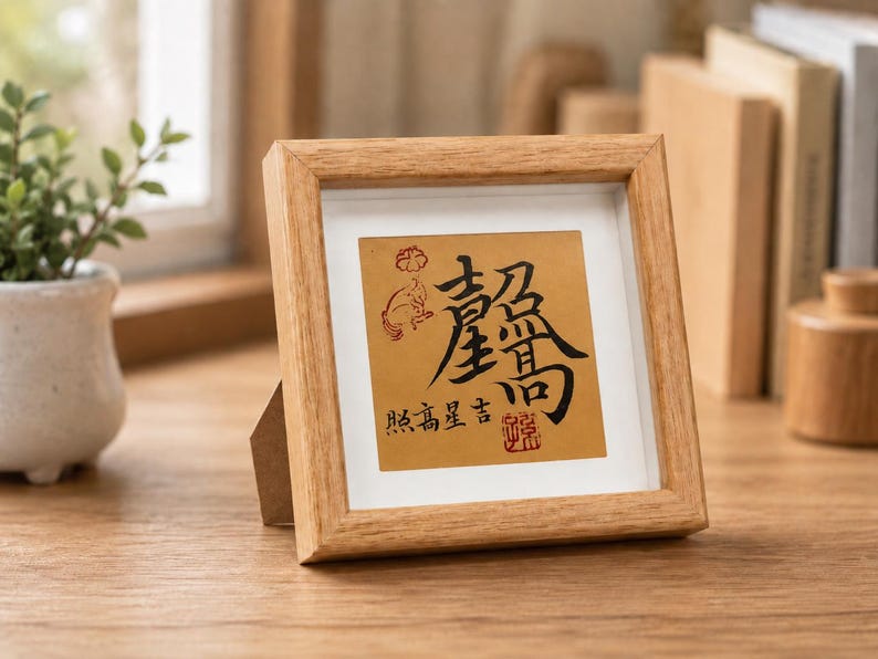 The tabletop calligraphy frame standing on a wooden desk beside a small potted plant, with blurred books in the background, showing how it looks displayed in a home office or study.
