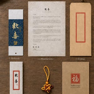 Gift set layout showing bookmark, message letter, envelope, gift packaging, knot, and protective package.