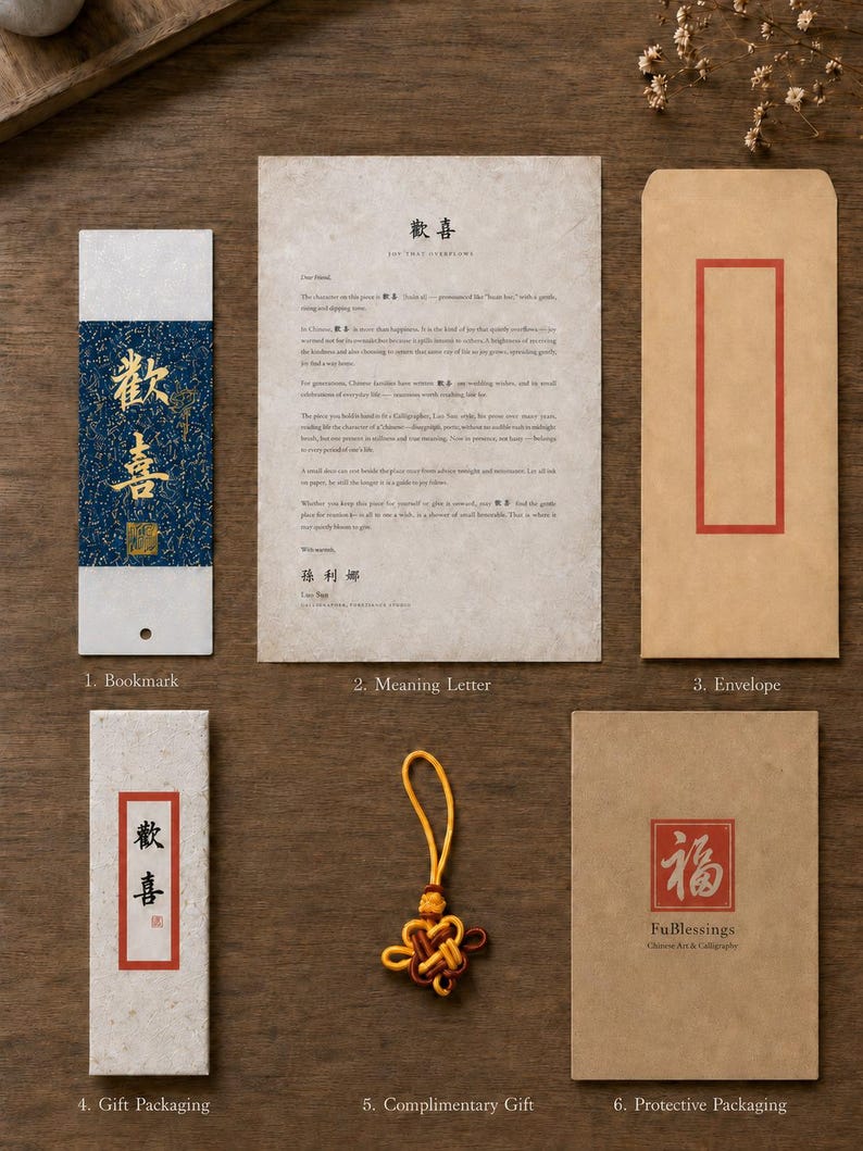 Gift set layout showing bookmark, message letter, envelope, gift packaging, knot, and protective package.