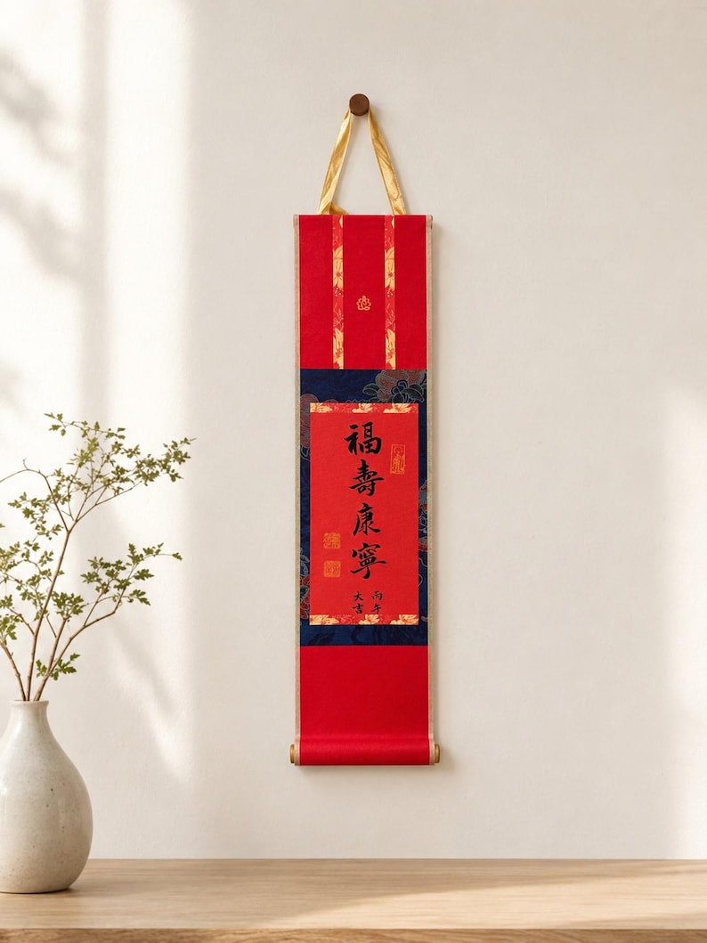 Mini red Chinese calligraphy scroll with gold hanging cord and hand-written blessing characters on a neutral wall