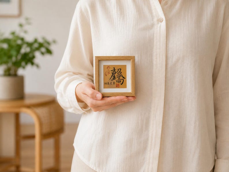 A hand holding the tabletop calligraphy frame at chest height against a soft neutral background, showing its true size relative to an adult hand.