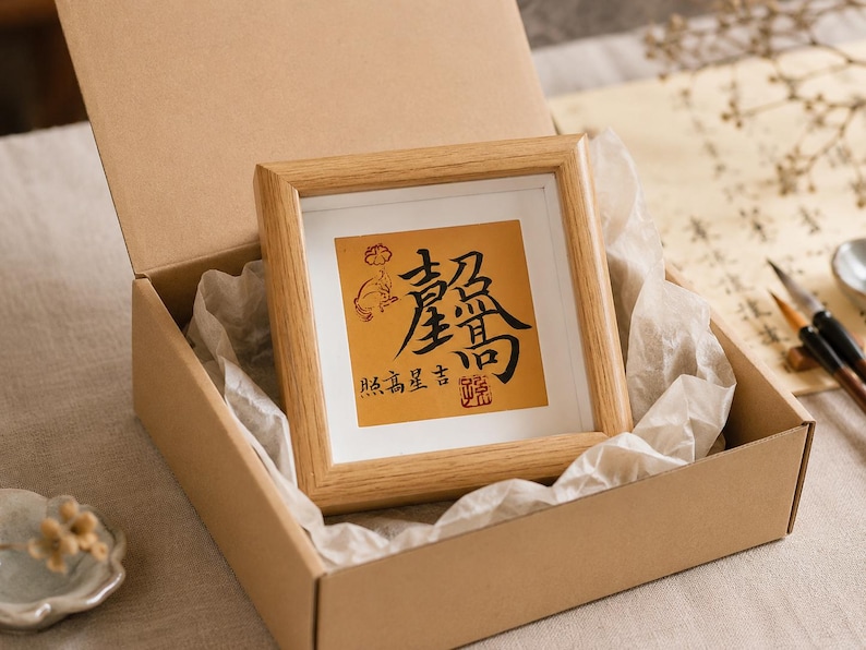 The tabletop calligraphy frame nestled in an open kraft gift box lined with tissue paper, shown as it would arrive when gifted, with calligraphy brushes visible nearby.