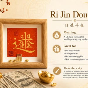 An information card for the preset phrase Ri Jin Dou Jin (日进斗金), showing the framed calligraphy in gold ink on a red background alongside its meaning, best occasions, and a note on the phrase's traditional origin.