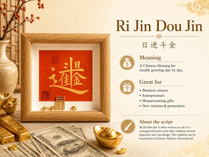 An information card for the preset phrase Ri Jin Dou Jin (日进斗金), showing the framed calligraphy in gold ink on a red background alongside its meaning, best occasions, and a note on the phrase's traditional origin.