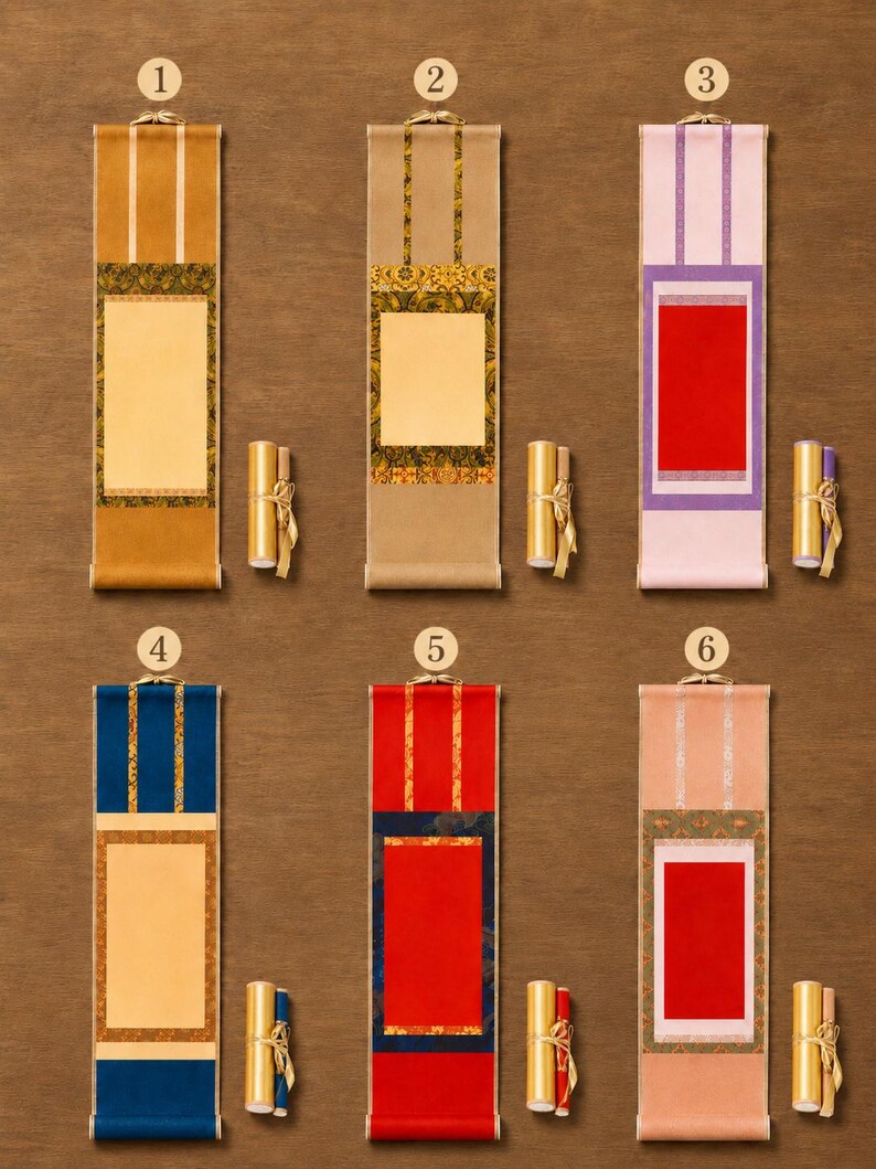 Six mini Chinese calligraphy scroll style options numbered 1 to 6, showing different brocade colors and blank red or cream writing panels for buyer selection.