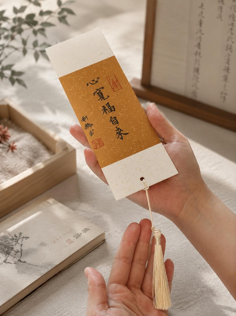May include: A rectangular paper bookmark featuring a central gold panel with black Chinese calligraphy characters and red seal stamps. The top and bottom sections are off-white with gold flecks. A cream-coloured cord with a matching tassel is attached.