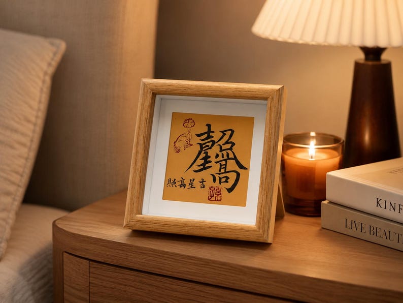 The tabletop calligraphy frame standing on a bedside table next to a lit candle, a warm lamp, and a small stack of books, in soft evening light.