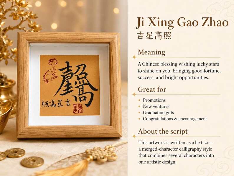 An information card for the preset phrase Ji Xing Gao Zhao (吉星高照), showing the framed calligraphy on a warm gold background alongside its meaning, best occasions, and a note on the merged-character script style.