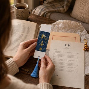 Handheld 7 by 21 cm Chinese calligraphy bookmark with white margins, colored center panel, and tassel.