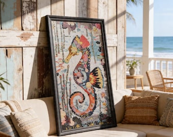 Mosaico de arte de caballito de mar hecho a mano con diamantes, enmarcado, colorido, decoración de pared costera para casa de playa.