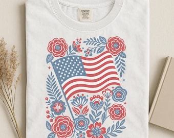Floral American Tee, Folk Patriotic American Flag T-shirt, Comfort Colors®