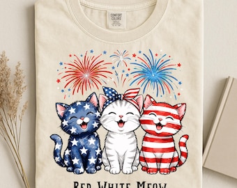 Cute Red White Meow patriotic kitten trio T-Shirt, Fourth of July fireworks Tee, Comfort Colors®