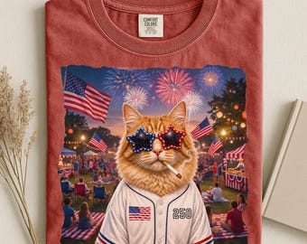 Funny American Cat in Sunglasses T-shirt | Patriotic Cat Shirt, 4th of July, Comfort Colors®