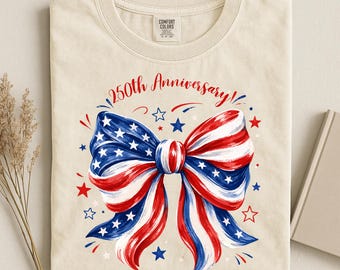 Aesthetic Patriotic Flag Bow T-Shirt, Red White Blue T shirt, 4th of July Stars Stripes Tee, Comfort Colors®