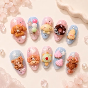 Kawaii godishavspressnaglar mandelnaglar/rosablå pastellnaglar/3D-björnskalglassnaglar/sommarfödelsedagsfestnaglar