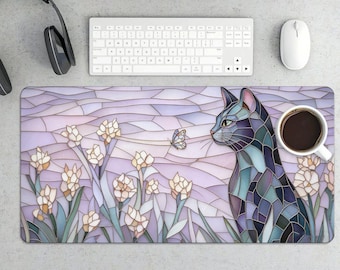 Alfombrilla de ratón con diseño de gato, mariposa y vidriera, fantasía y fantasía.